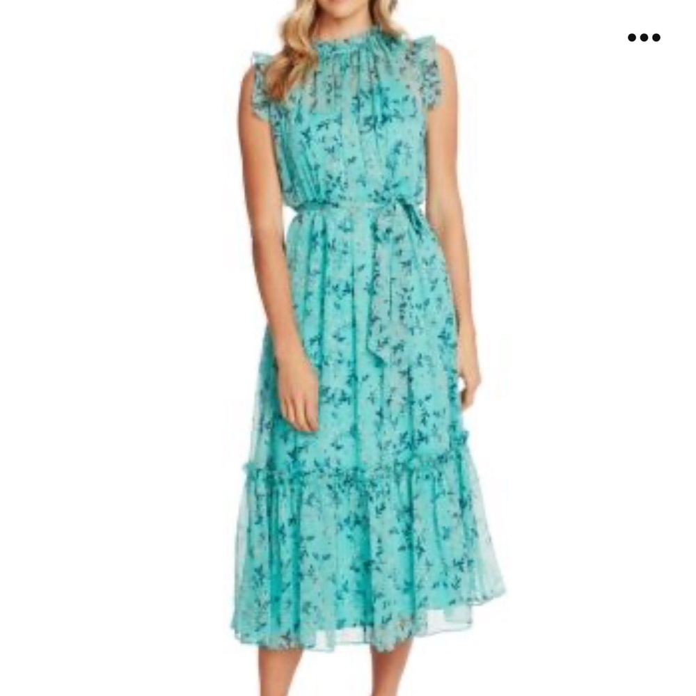 NWT CeCe Wisteria Vines Midi Dress Ruffle Chiffon Tie Waist Teal Pop 10